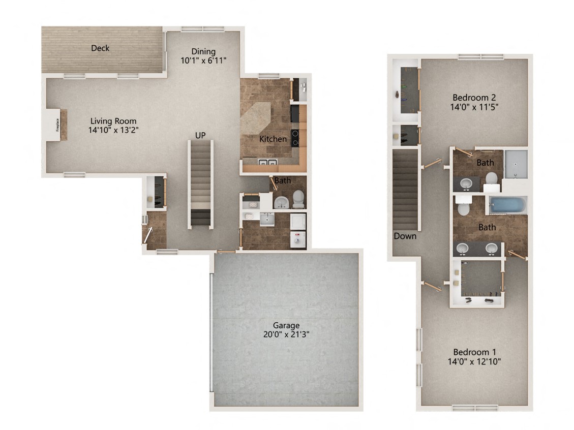 Floor plan for 2 beds, 2.5 baths, 1585 sqft